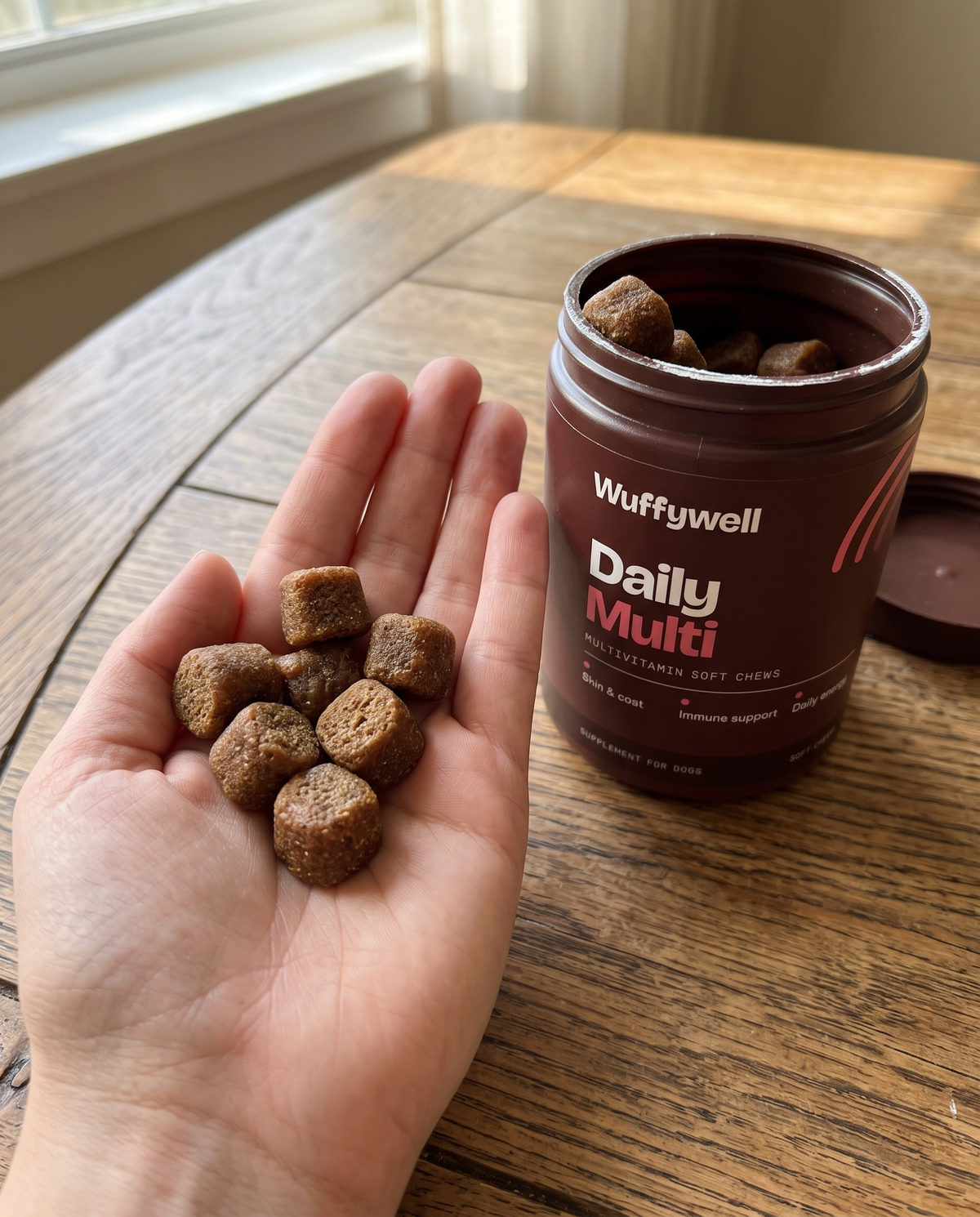 Wuffywell soft chews next to an open Daily Multi tub