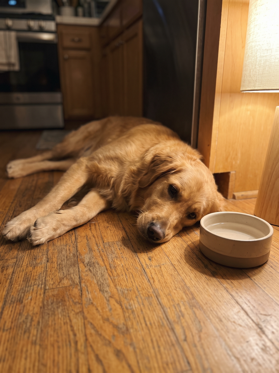 Golden retriever resting on a kitchen floor