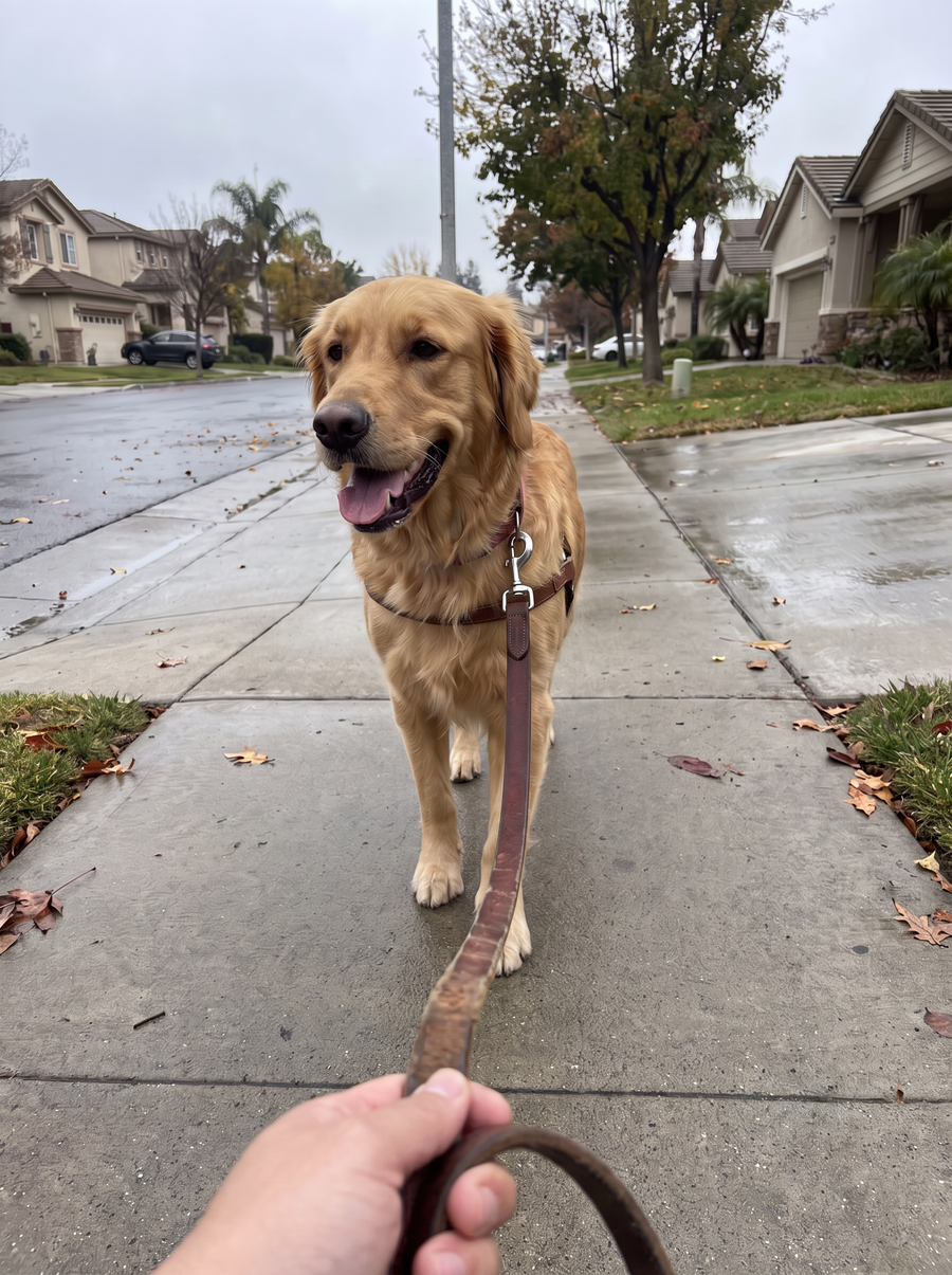 Golden retriever on a walk