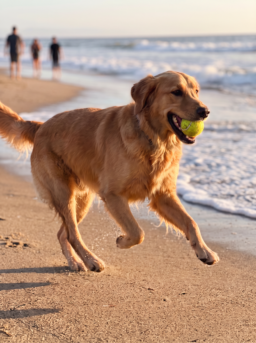 Golden retriever playing fetch on the beach